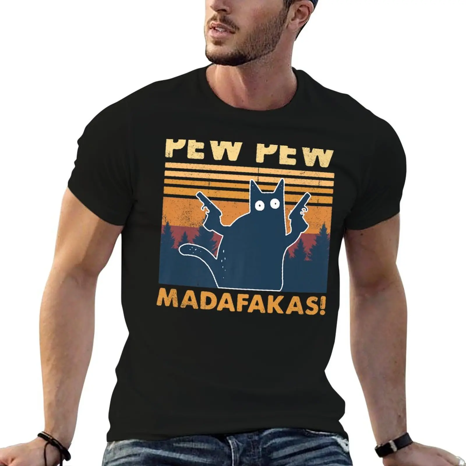 Винтажная футболка с изображением кота Pewpewpew Mada-Fakas Crazy Pew Cat, легкая праздничная футболка