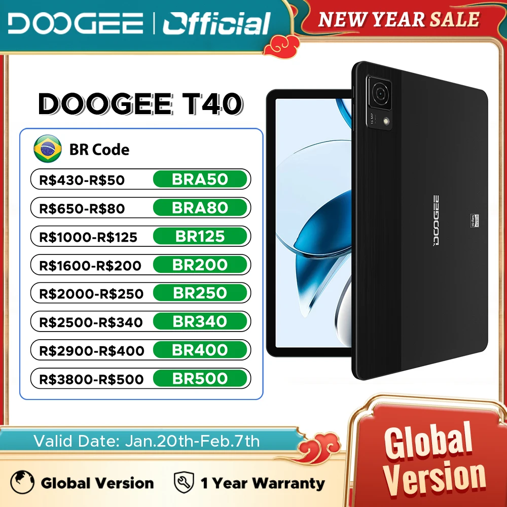 Estreia mundial DOOGEE T40 Tablet 11 "IPS 2.5K Display 20GB(8 +12) 512GB Android 14 Helio G99 8580mAh 18W Carga 7.6mm ultrafino