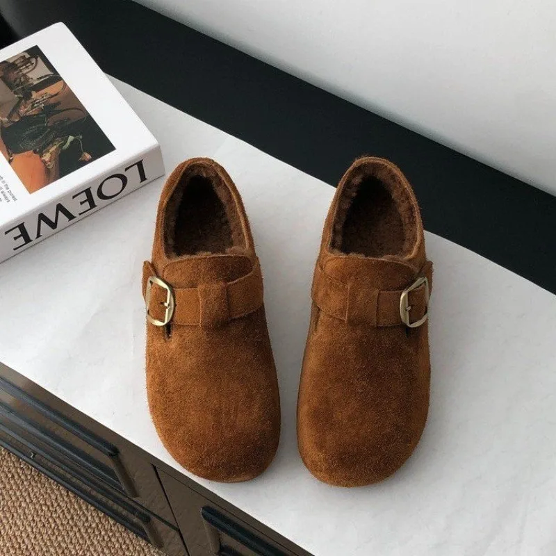 

Classic Belt Buckle Loer Woman Spring/Winter Cotton Fur Lined Flats Barefoot Shoes Ladies Cozy Slip On Driving Mocasines Femme
