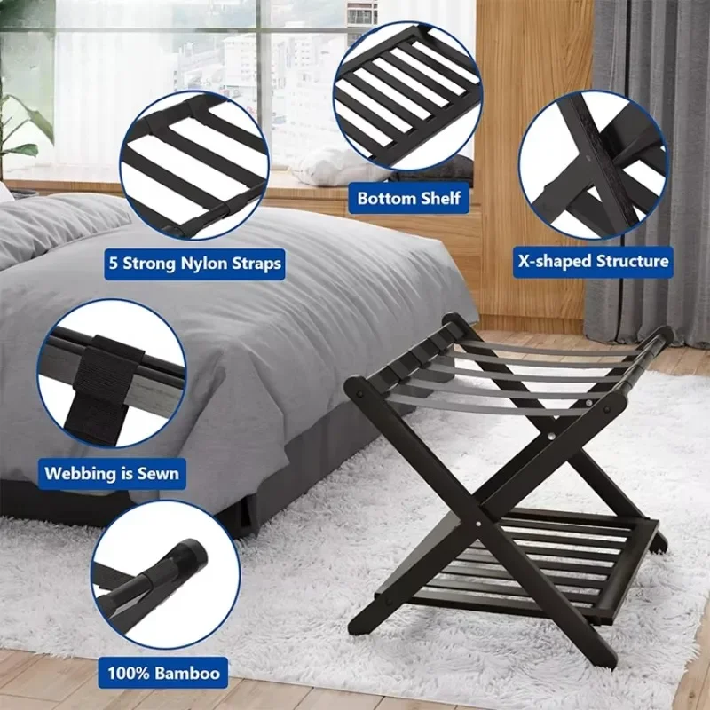 Easy Assembled Suitcase Stand Luggage Rack for Guest Room Home Bedroom Hotel Guest Room Folding Luggage Racks with Shelf