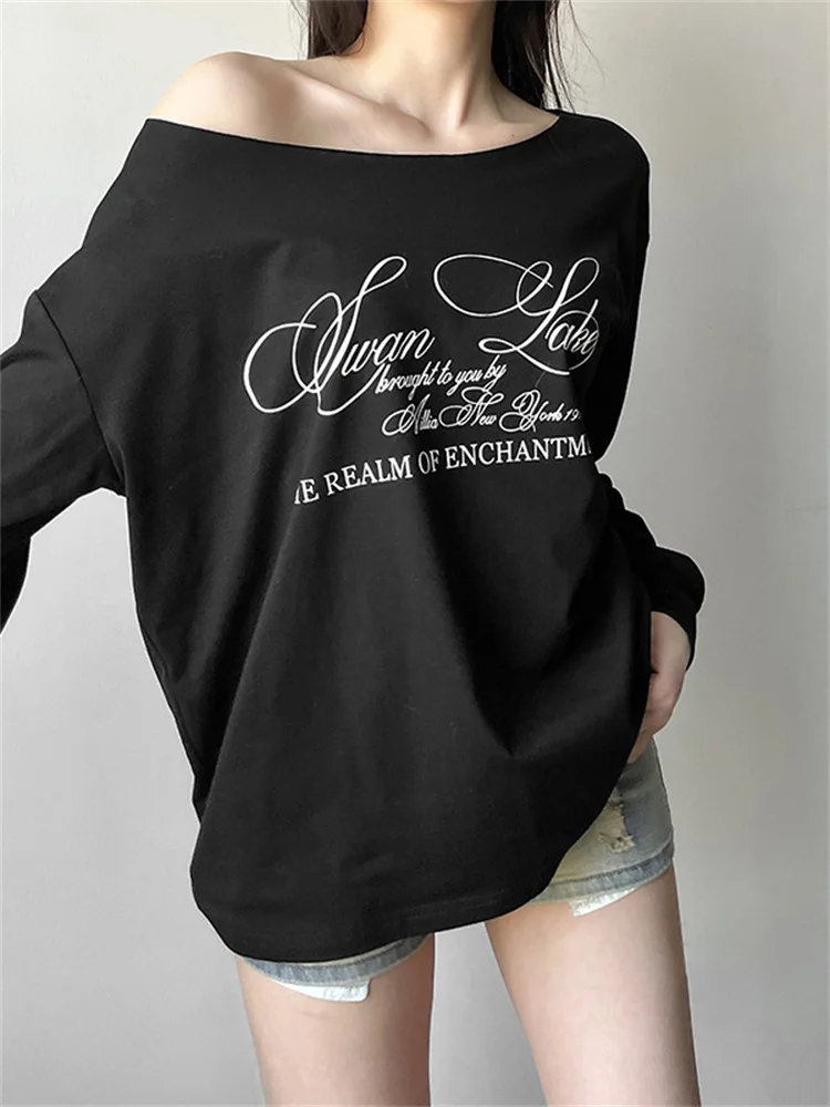 

Sisterlinda повседневные универсальные стильные футболки женские с буквенным принтом наклонные плечи с длинным рукавом осенние повседневные простые модные топы