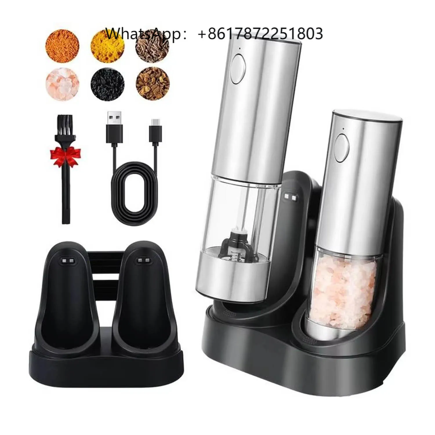 

Stainless Steel Automatic Electric Spice Salt and Pepper Grinder with Storage Base Home Kitchen Use