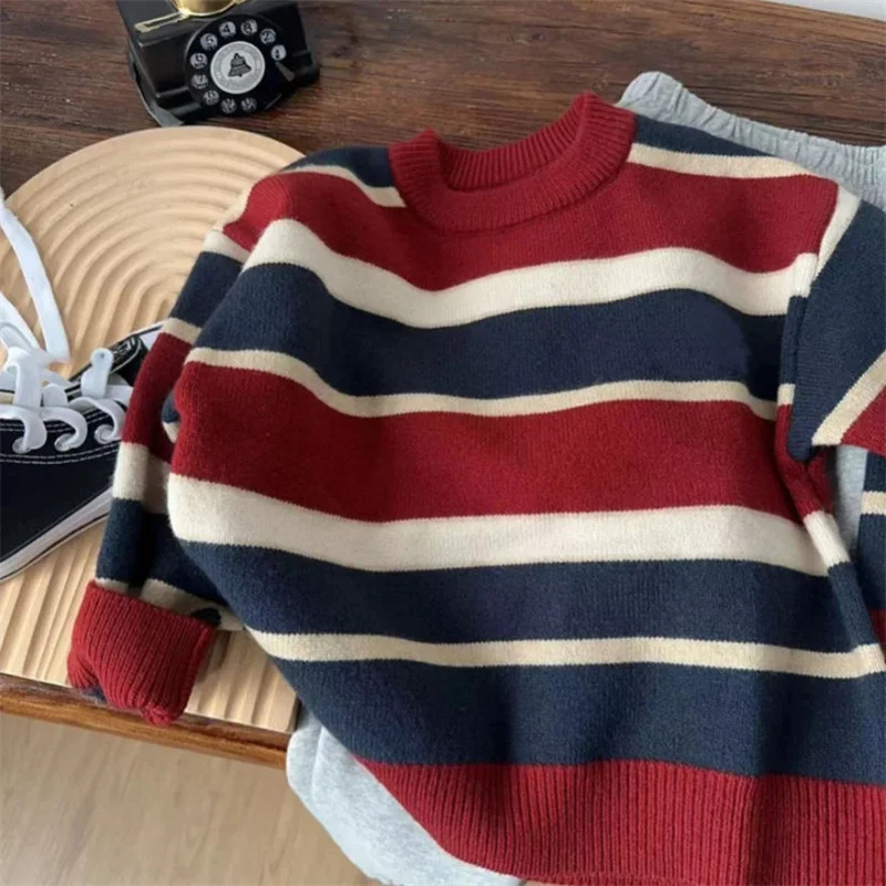 Boys Woolen Sweater Cotton Knitting Windbreak 2024 Scoop Plus Thicken Autumn Winter Outwear Christmas Gift Warm Children's Cloth