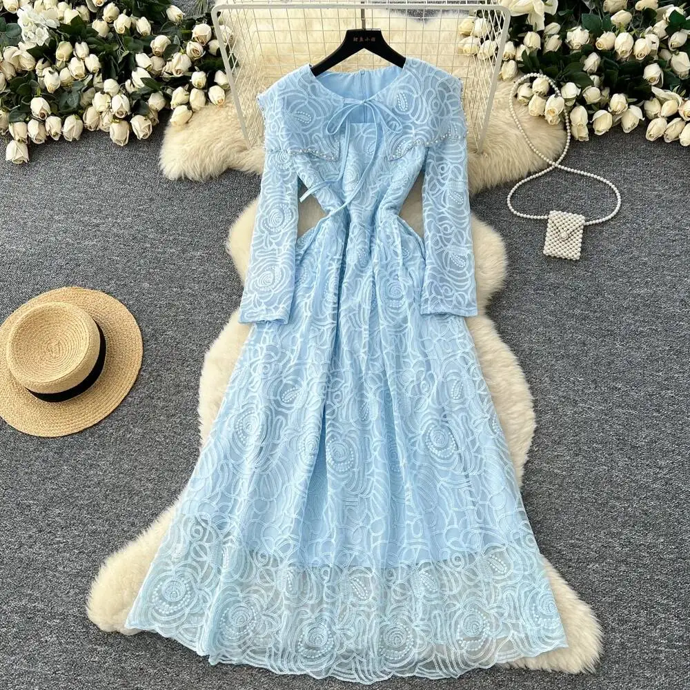 

Chic Elegant Peter pan Collar Embroidered Vintage Slim dress korean fashion High Street Women Clothing