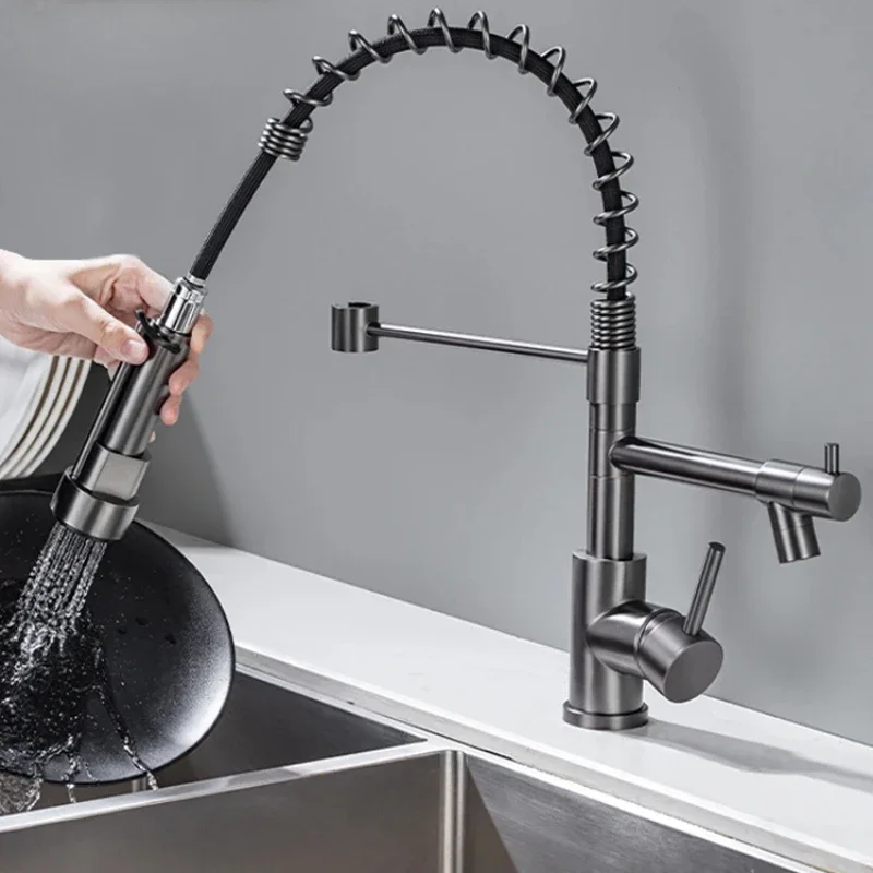 Dual Spout Pull-Down Kitchen Faucet 360° Rotating Hot/Cold Mixer Tap Single Handle Kitchen Sink Crane