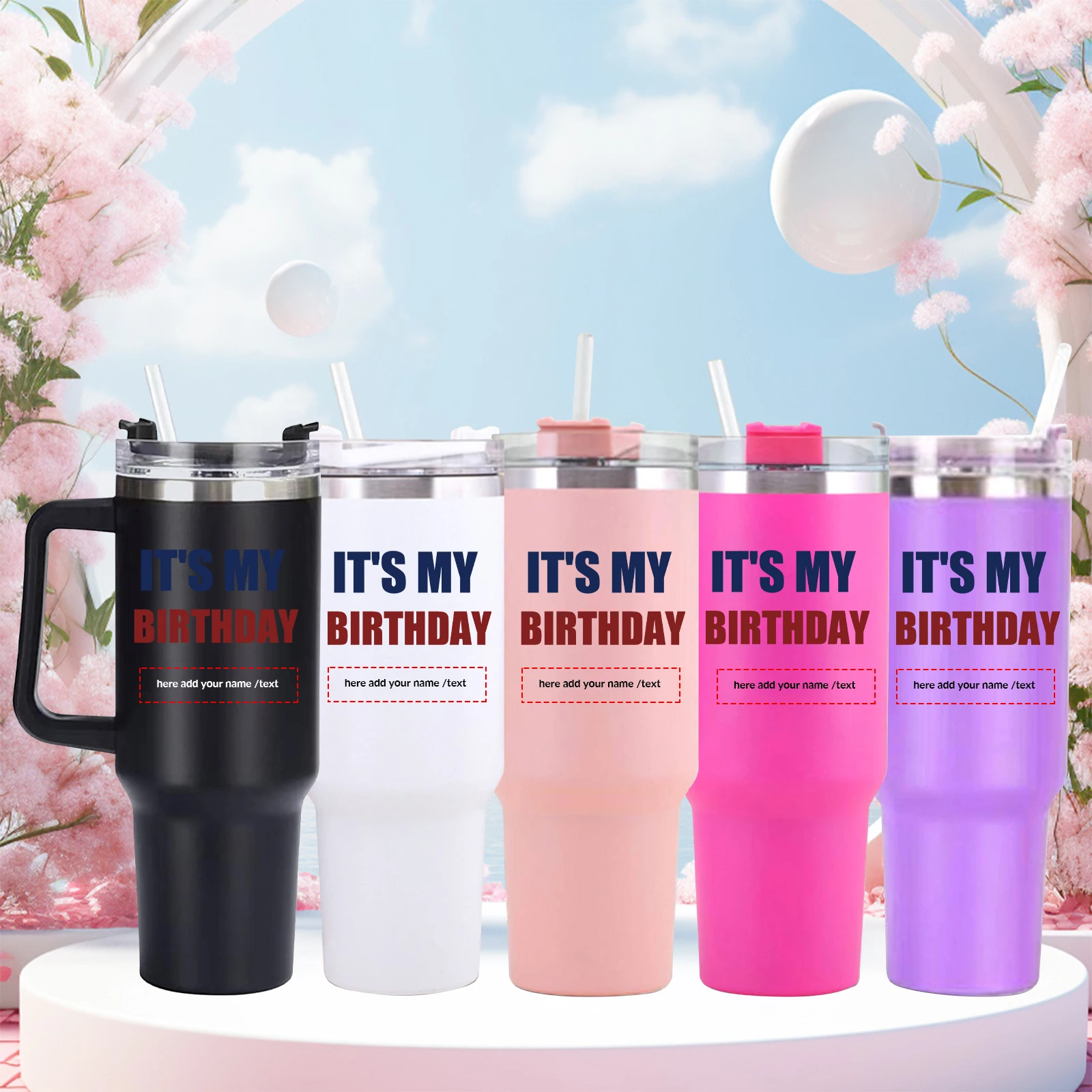 

40oz Large Capacity Personalized Custom Name & Picture Festive Party Tumbler Straw Lid Stainless Steel Straight Drink Water Cups