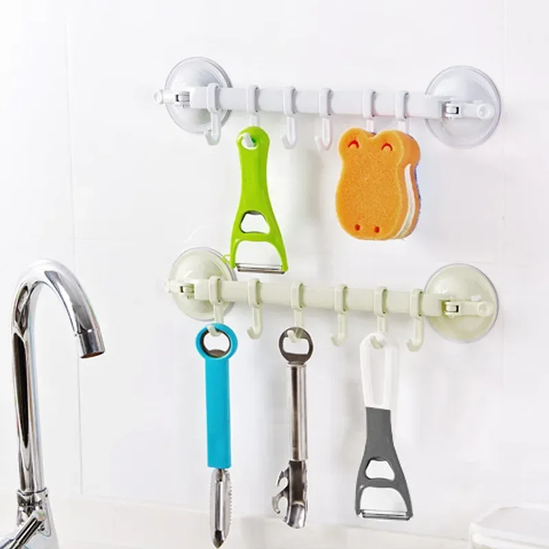 Wall-mounted Kitchen Hooks Suction Cup 6 Hooks Strong Adhesive Hook Bathroom Corner Nail-free Seamless Rack Hanger Hook Shelves