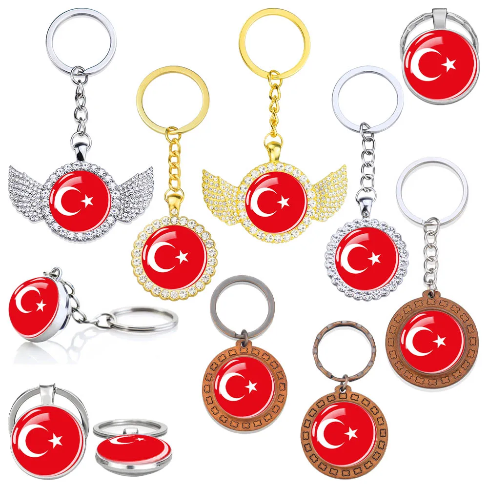 Turkey Flag Keychains Glass Rhinestone Wings Pendant Key Chain Patriot Souvenir Jewelry Accessory Turkey Flags Keyring Gifts