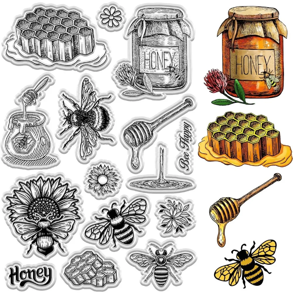 Bees ขวดใสสำหรับใส่น้ำผึ้งใช้ซ้ำได้โปสการ์ดตรายางประทับซิลิโคนใสวินเทจสำหรับทำสมุดบันทึกตกแต่งงานประดิษฐ์ทำด้วยตัวเอง