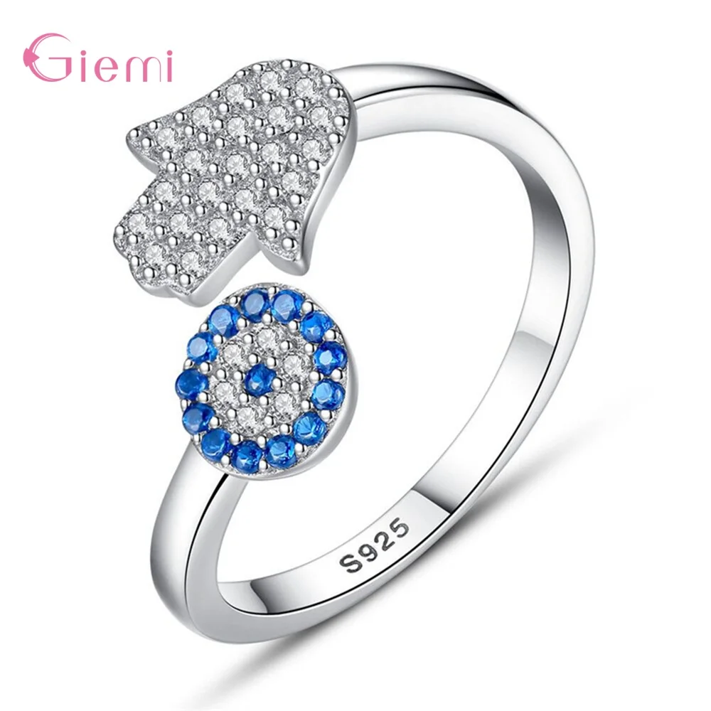 Mysterious 925 Sterling Silver Evil Eye Blue Crystal Zircon Open Adjustable Rings for Women Girls Anniversary Party Jewelry Gift