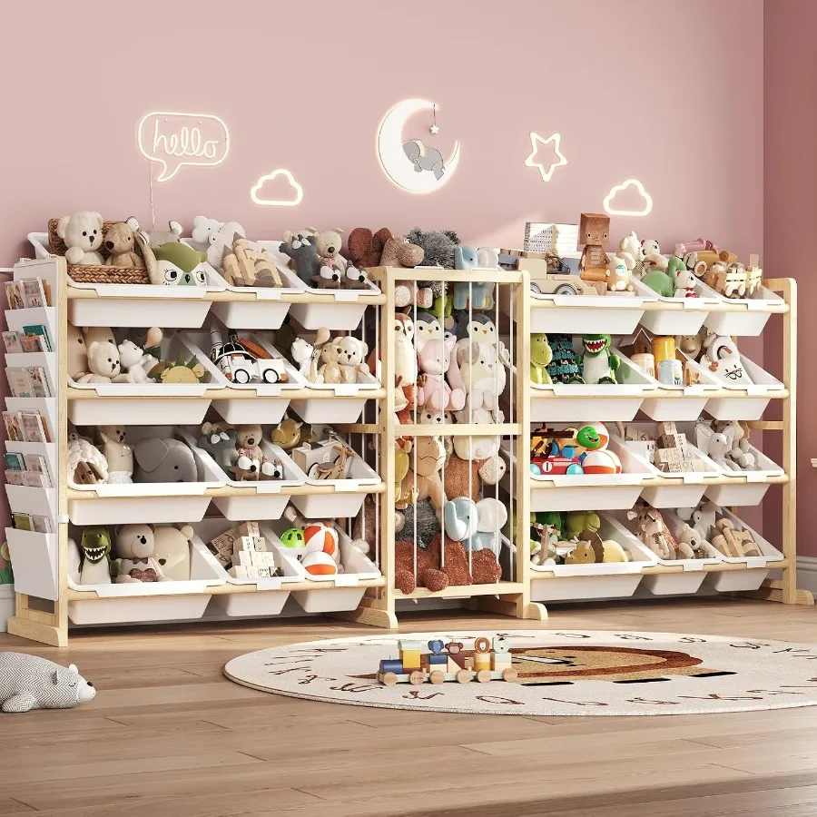 80'' Large Toy Storage Organizer with 24 Toy Bins Shelves, Stuffed Animal Storage, Books Bag, 4-in-1 Wood Toy Organizers for To