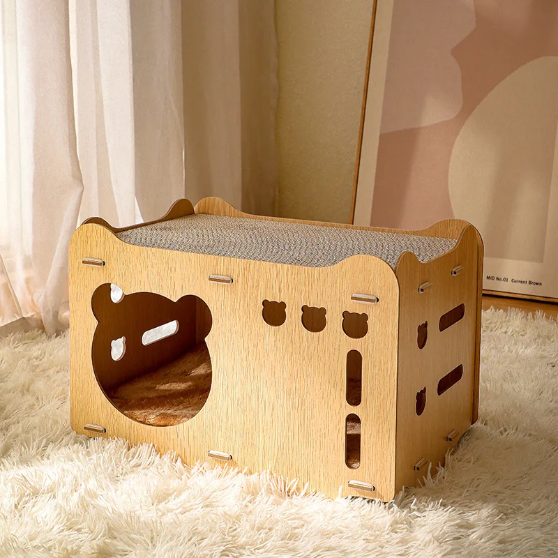 Wooden Cat House Corrugated Cardboard Cat Scratching Board Removable Wear-resistant No Dander Vertical Double Stacking Cat House