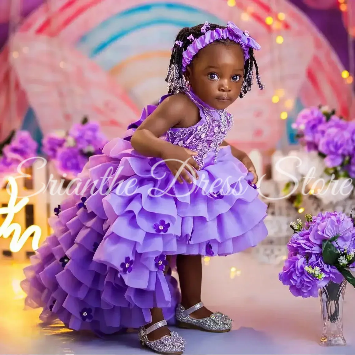 فستان فتاة الزهور لحفلات الزفاف باللون الأرجواني ذو الطبقات من التول المنتفخ المخصص للأميرة للأطفال وحفلات أعياد الميلاد الأولى فستاين سهرة/فساتين الحفلات #5