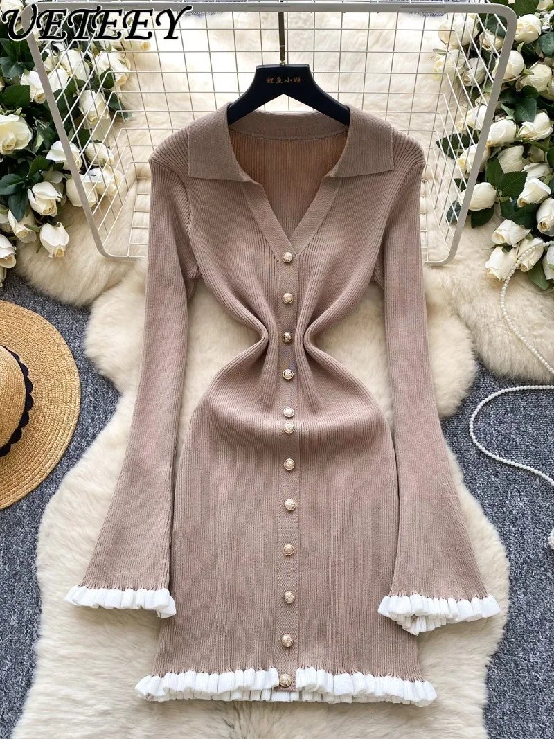 فستان خفيف فاخر اجتماعي واحد الصدر محبوك فستان بكم طويل للنساء الخريف تكدرت طوق سليم صالح فساتين متوسطة الطول