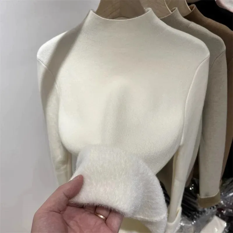 جديد غير رسمي الصلبة الصوف مبطن قاع تريكو نصف عالية الرقبة محبوك الخريف الشتاء البلوزات الناعمة أنيقة الدافئة البلوز #5