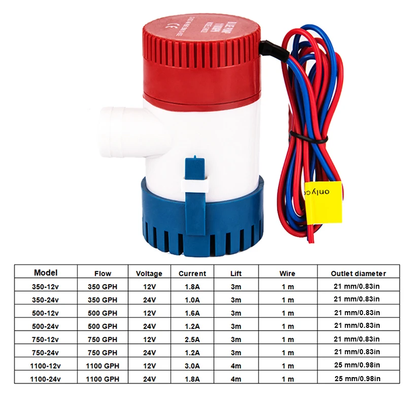Pompa Lambung Kapal DC 12V/24V 350-1100GPH Pompa Air Elektrik untuk Kapal Amfibi Motor Rumah Perahu Rumah Aksesoris Pompa Air Marin