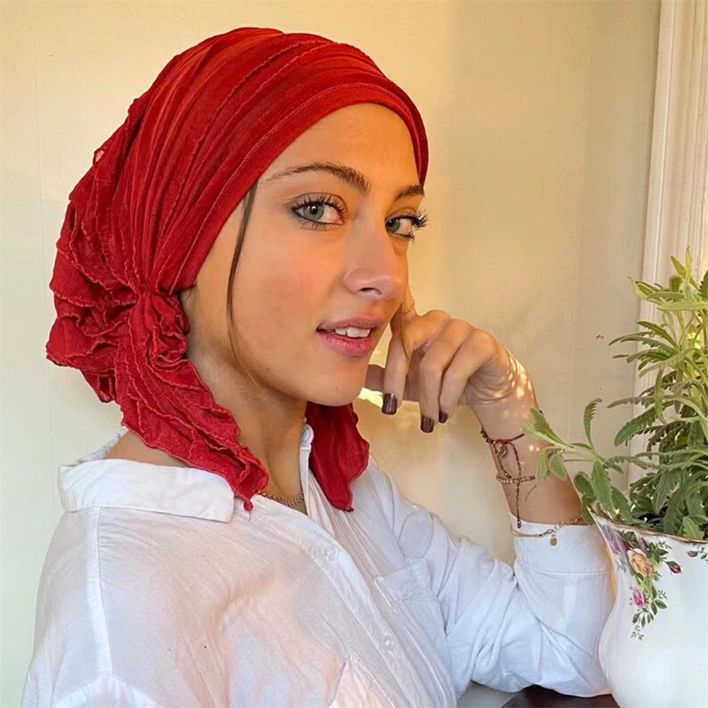 Muslim Women Solid Pre-tied Headscarf Elastic Female Turban Cancer Chemo Hat Hair Loss Cover Head Wrap Headwear Stretch Bandanas