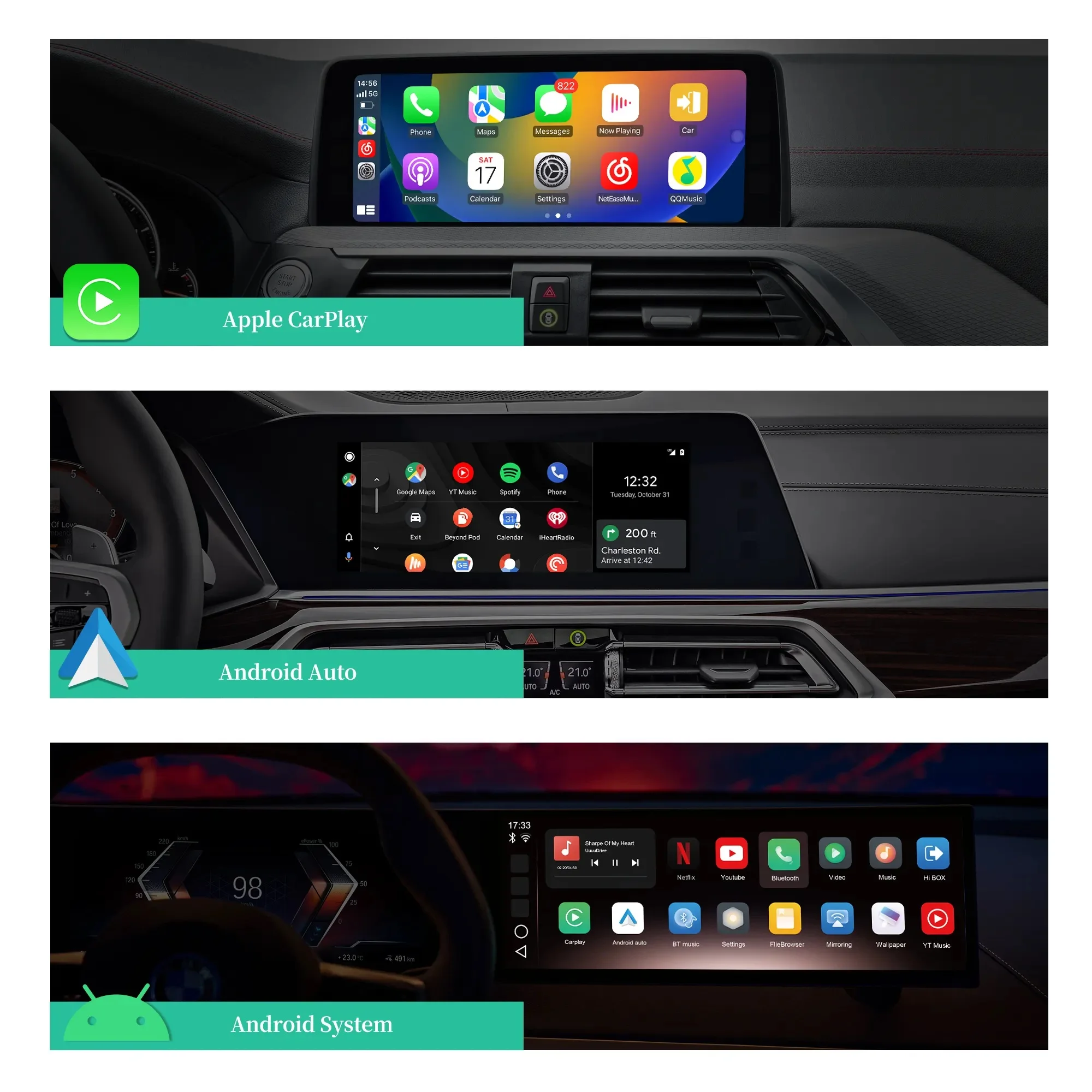 Hualingan Ai CarPlay Box For BMW idrive ID 6,ID 7,ID 8,ID 8.5,ID 9 System Android 13 Wireless Apple CarPlay and Android Auto Netflix,Spotify,and TikTok,YouTube Google Play