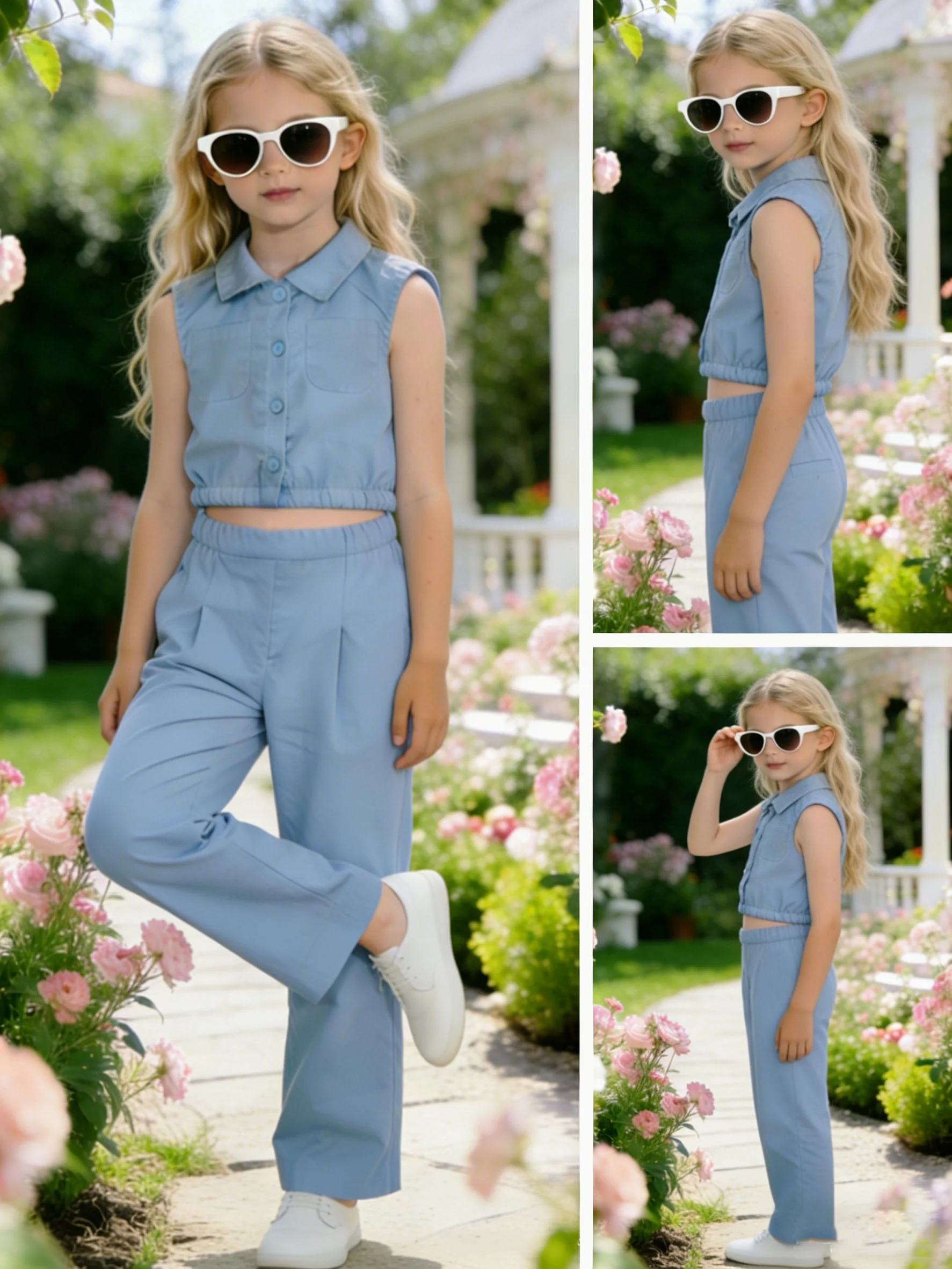 Kids Girls 2-Piece Casual Outfit, Light Blue Lapel Sleeveless Button Crop Vest & Elastic High Waist Straight Wide Leg Pants Set