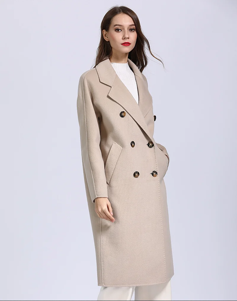 Turn-down Collar Belt Design Slim Fit Long Cashmere Coat Double Sided Outdoor Warm Winter Women Wool Coat