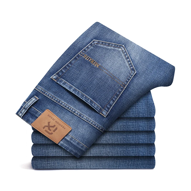 2024 새로운 가을 남성 블루 스트레이트 레그 청바지 비즈니스 캐주얼 코튼 스트레치 데님 바지 남성 브랜드 플러스 사이즈 40 42 44
