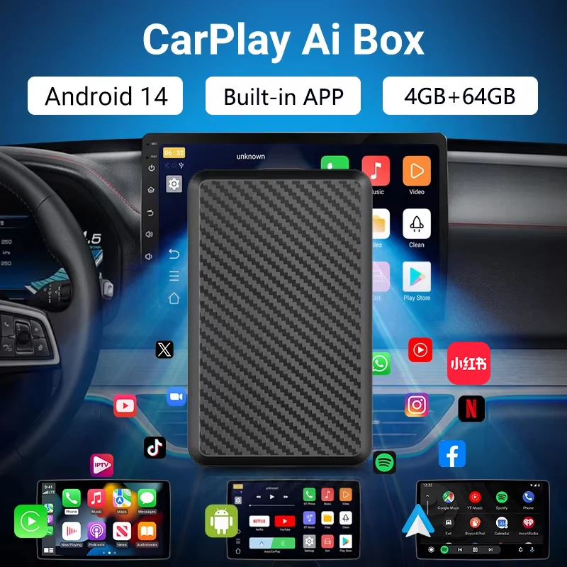 Android14 New wireless CarPlay/Android Auto 3in1 smart box 4core 4GB+64GB plug and play built-in Youtube and other applications