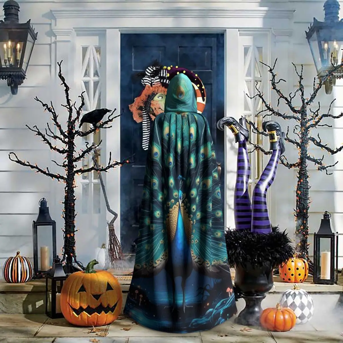 เสื้อคลุมยาวมีฮู้ดลายขนนกยูงสุดอลังการ ชุดแม่มดยุคกลาง คอสเพลย์ เสื้อคลุมฮาโลวีน แวมไพร์ สำหรับผู้ใหญ่ ทุกเพศ