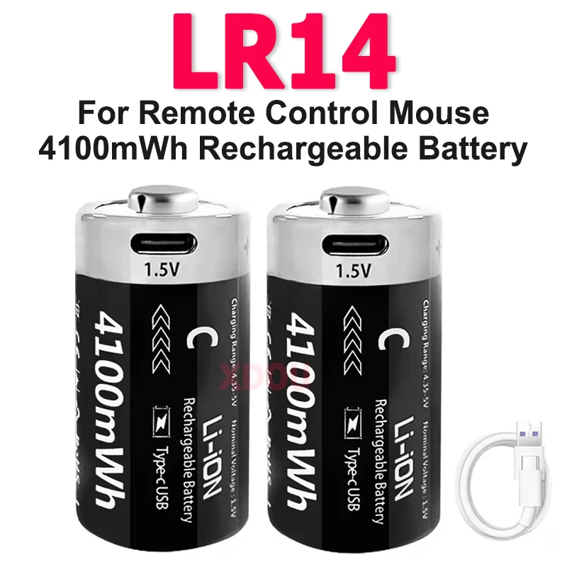 1.5V 4100mWh Rechargeable Battery USB Type-C Batteries C Size LR14 Lithium-ion C-Cell Battery for Flashlight Radio Clock Toys