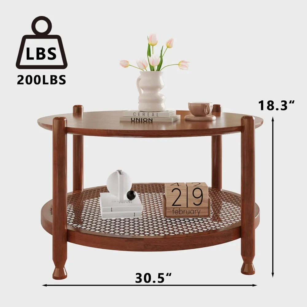 32" Round Coffee Table for Living Room, 2-Tier Rustic Wood Center Table for Home Decor with Boho Woven Rattan Storage Shelf | M