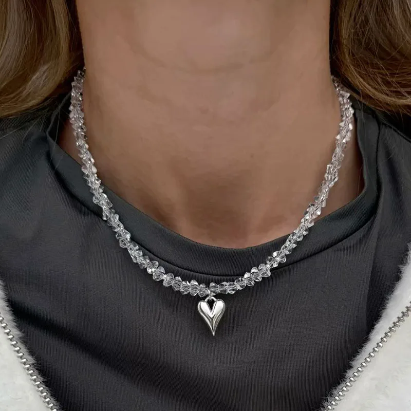 Fashion Crystal Heart Pendant Necklace For Women Boho Barlotte Imitation Pearl Chain Jewelry  Valentine's Gift N526