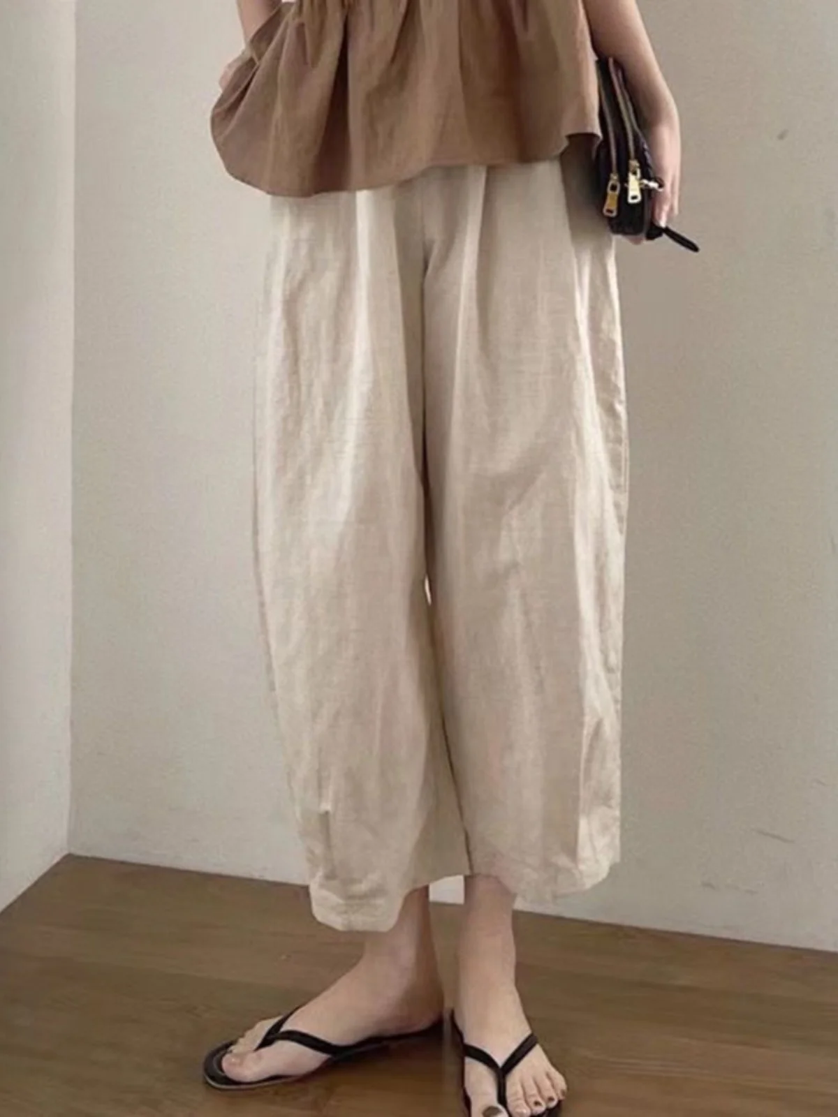 

Новые хлопковые льняные повседневные брюки для женщин, летние, простые, в японском стиле, тонкие, художественные, свободные, широкие, длиной до щиколотки, однотонные.