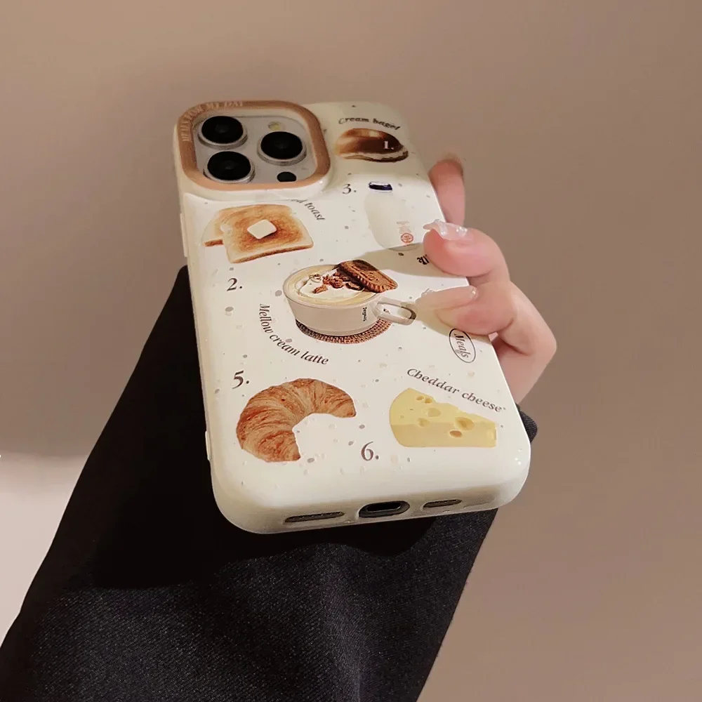 Toast bread coffee cappuccino Illustration Phone Case For iPhone 16 15 14 13 12 Pro Max Xr 15 14 16 Plus Case Cute cartoon Cover