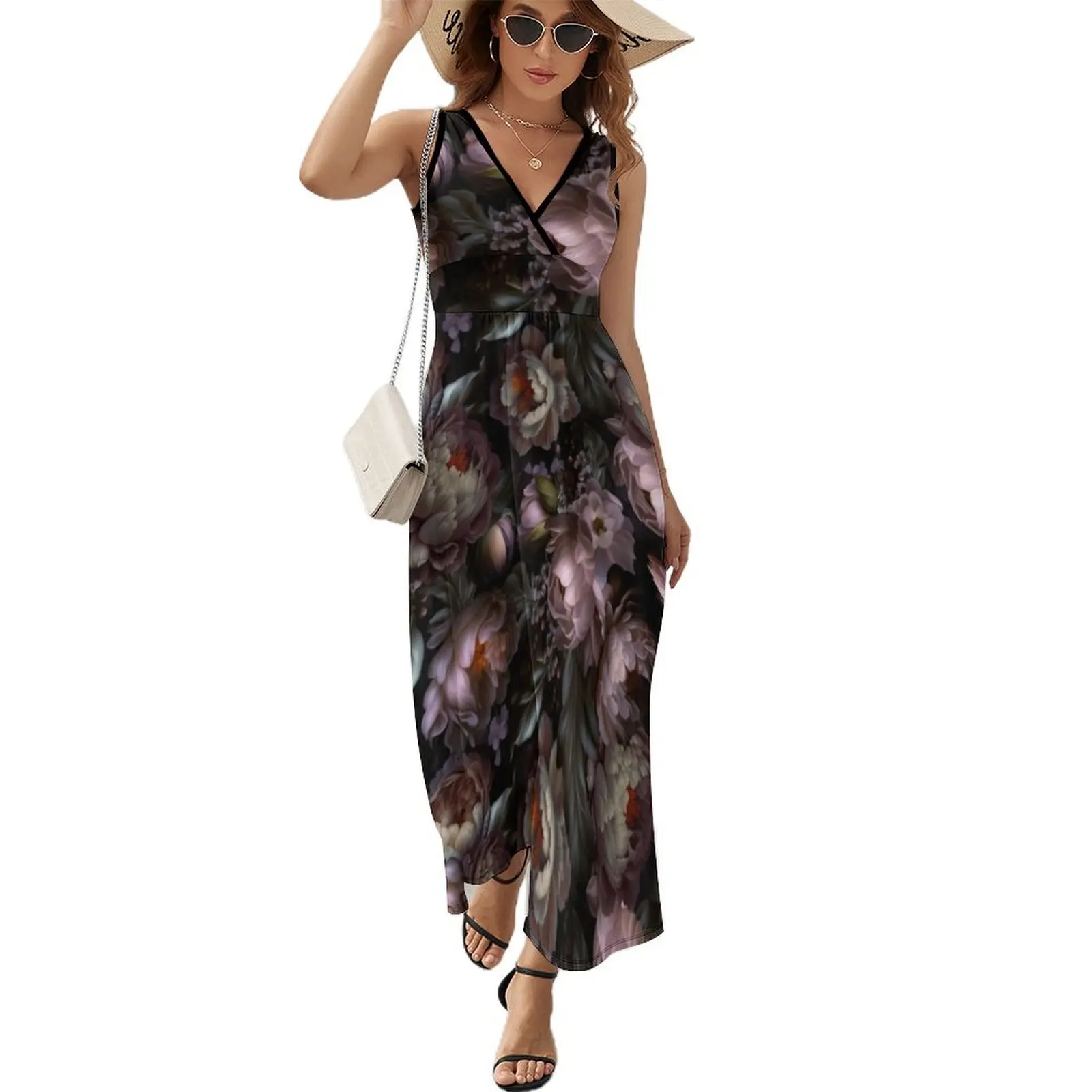 

Baroque Hand Painted Vintage Flower Botanical Night Garden Purple Sleeveless Dress long sleeve dresses