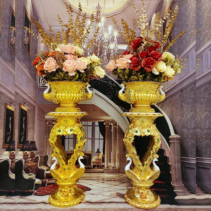 Roman column floor-to-ceiling large vase flower pot flower arrangement ornament peacock electroplating