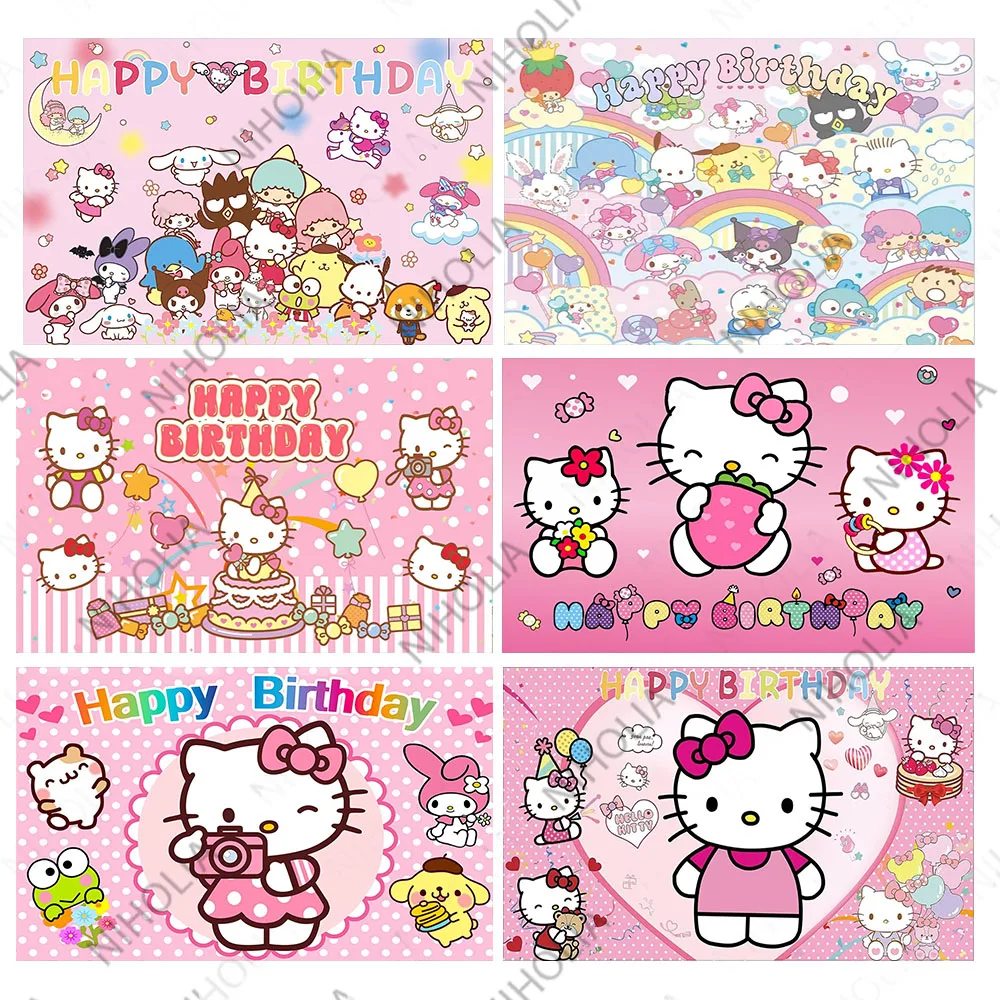 

Hello Kitty Birthday Banner Girls Photo Backdrop Baby Shower Decor Sanrio Characters Photography Background Photo Booth Props