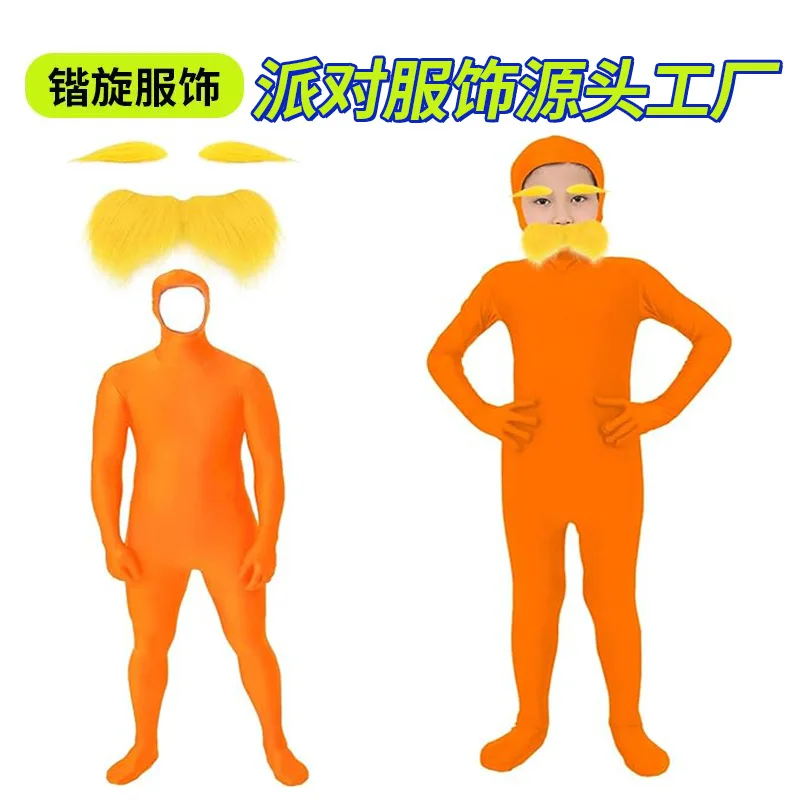 Masquerade Orange Costume Yellow Beard and Eyebrows Showing Orange Onesie Halloween Party