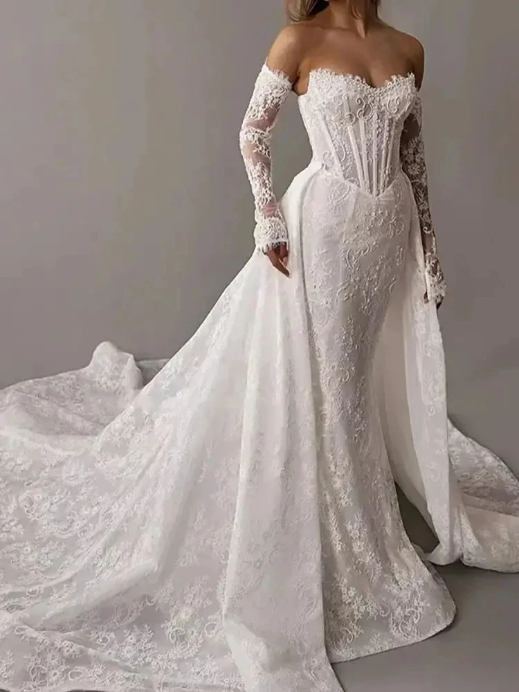 2025 Sexy Mermaid Wedding Dress Removable Train Sweetheart Lace Appliques Pearls Bridal Bride Gowns Vestidos De Noiva