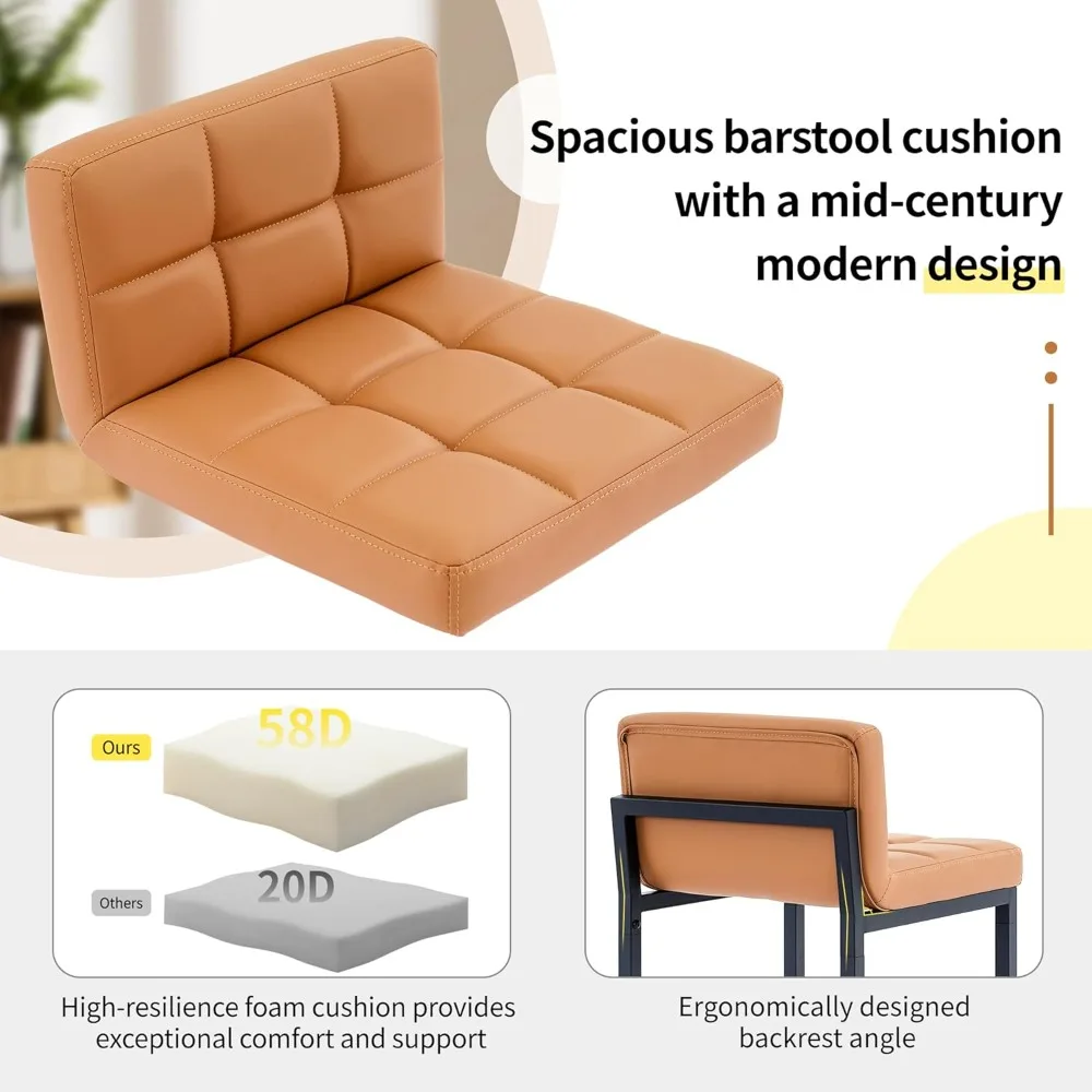 مجموعة مقاعد بار مكونة من 3، مقاعد بارتفاع من جلد البولي يوريثان المنجد مع ظهر منخفض وأرجل معدنية سميكة، كرسي جزيرة حديث #5