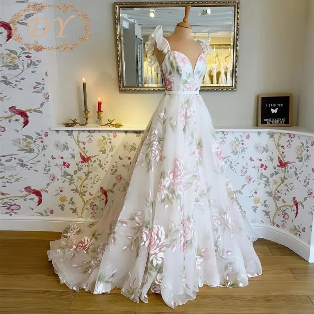 DY Märchenhaftes Blumenprint-Hochzeitskleid mit Rüschen, Spaghettiträgern, A-Linie, Brautkleid nach Maß, Robe De Mariage in Übergrößen, Korsett