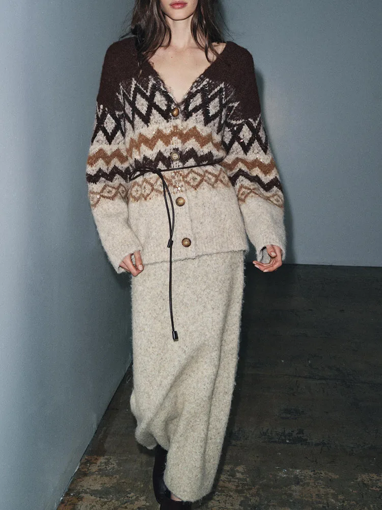 

Winter 2025 New Arrival Women's Knitted Jaet Midi Skirt Set Casual Loose Fit Long Sve V-Ne Button up Geometric Pattern