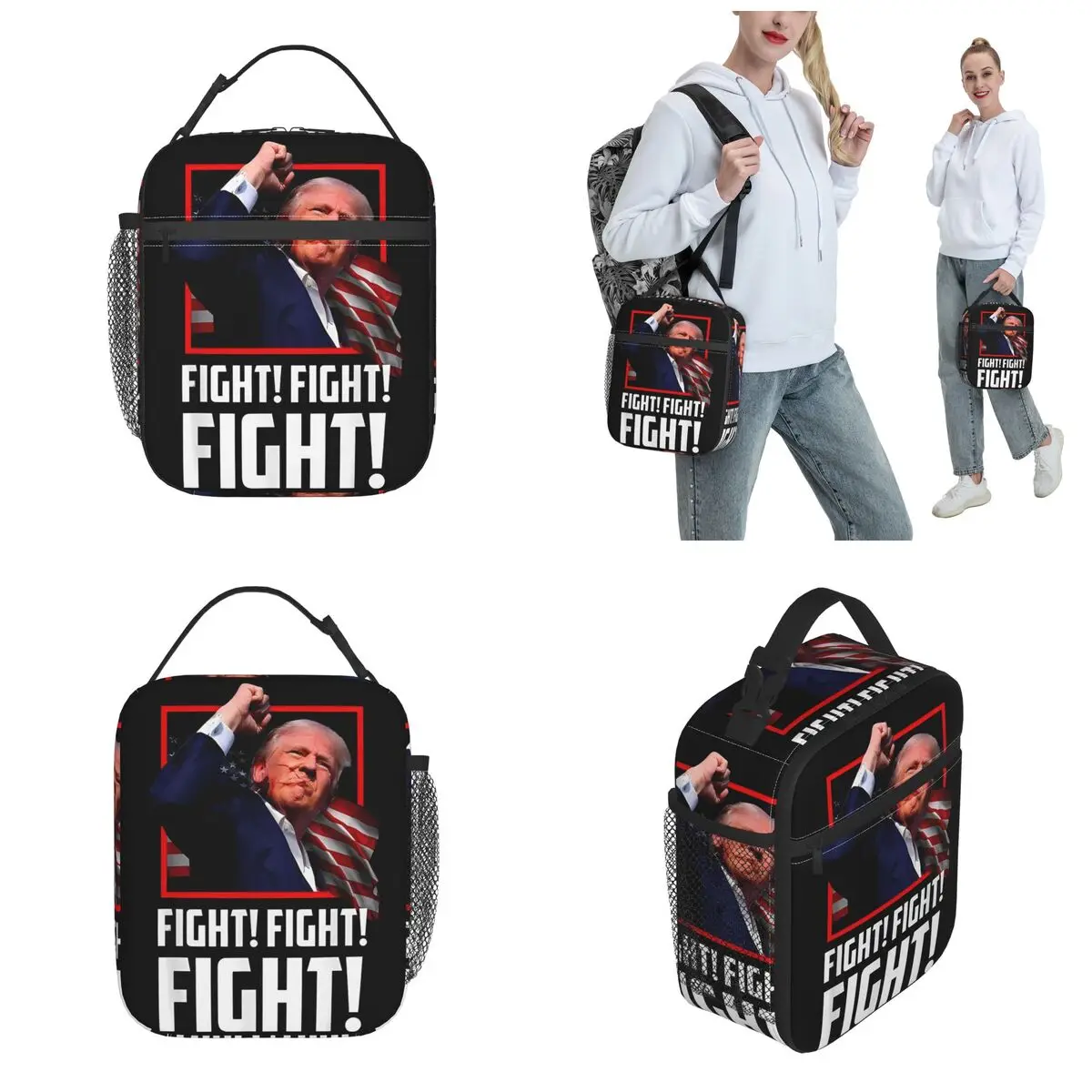 Donald Trump Fight Fighting Fighters Thermal Insulated Lunch Bags 2024 President Trump Shot Bento Box Cooler Thermal Food Box