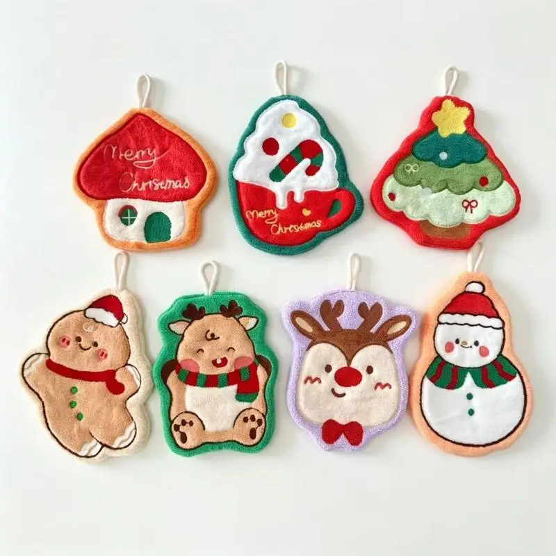 Water Absorption Christmas Hand Towels Quick-drying Coral Fleece Christmas Tree Handkerchiefs Cleaning Hanging