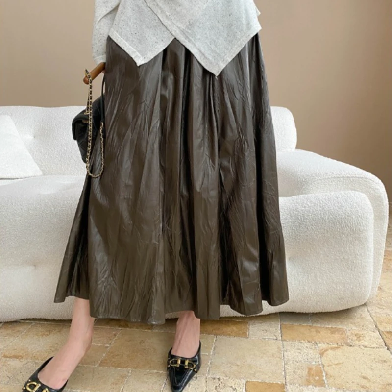 

2026 Pu Skirts Women Mid Length Skirt A Line Slim Fit Elegant Splice Y2k Streetwear Work High Waist Casual Work Autumn Winter