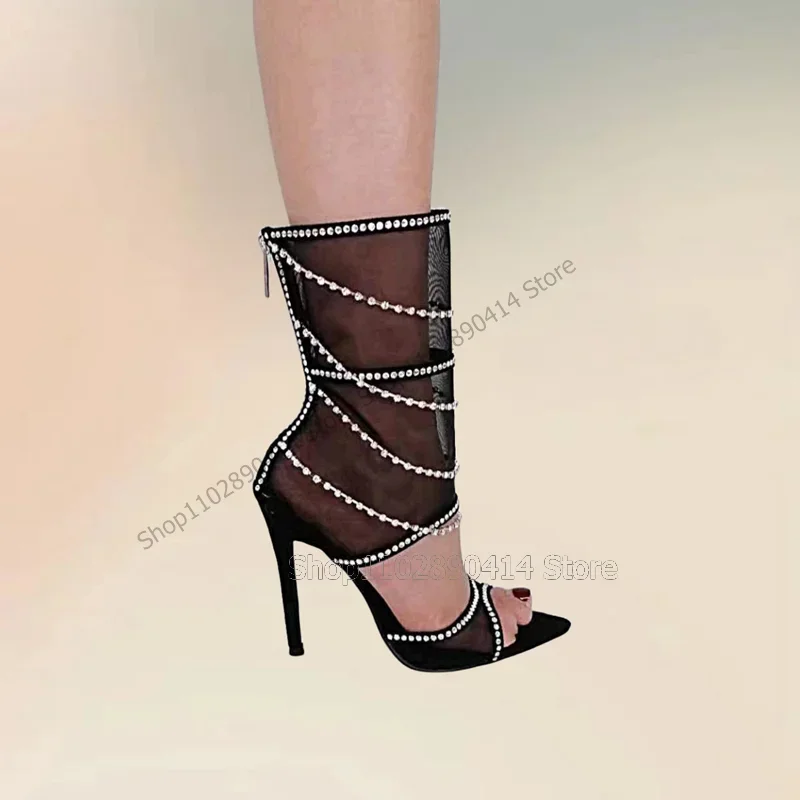 

Black Mesh Crystal Hollow Design Open Toe Sandals Boots Back Zippper Women Shoes Thin High Heels Novel 2023 Zapatos Para Mujere