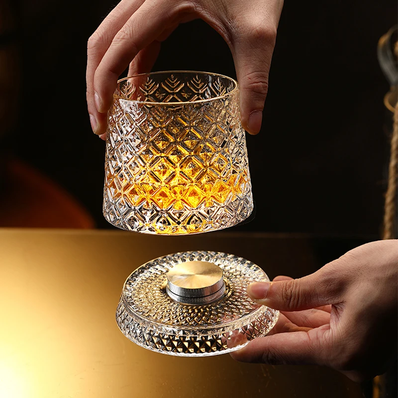 2026 New Whiskey Glasses Rotating Whisky Glass with Glass Base 360 Rotate Degrees Crystal Rum Glass for Cocktail Party Drinking view 3