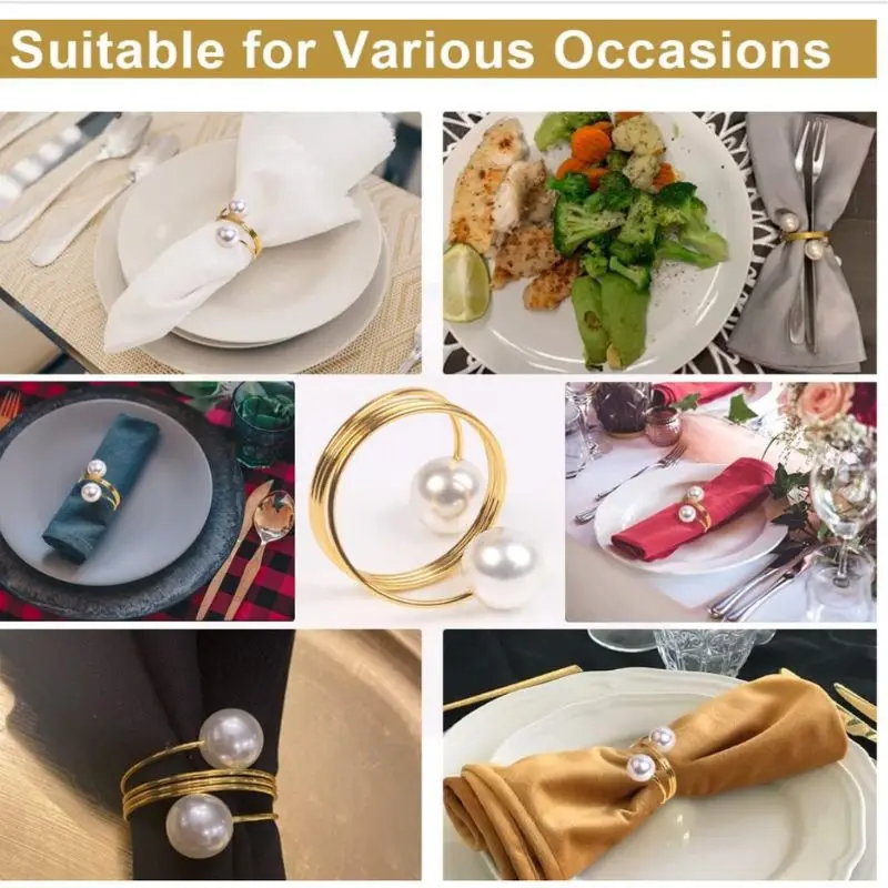 12-2PCS Metal Napkin Ring Imitation Pearls Napkin Buckle Napkin Holders For Wedding Christmas Banquet Home Dining Table Decors