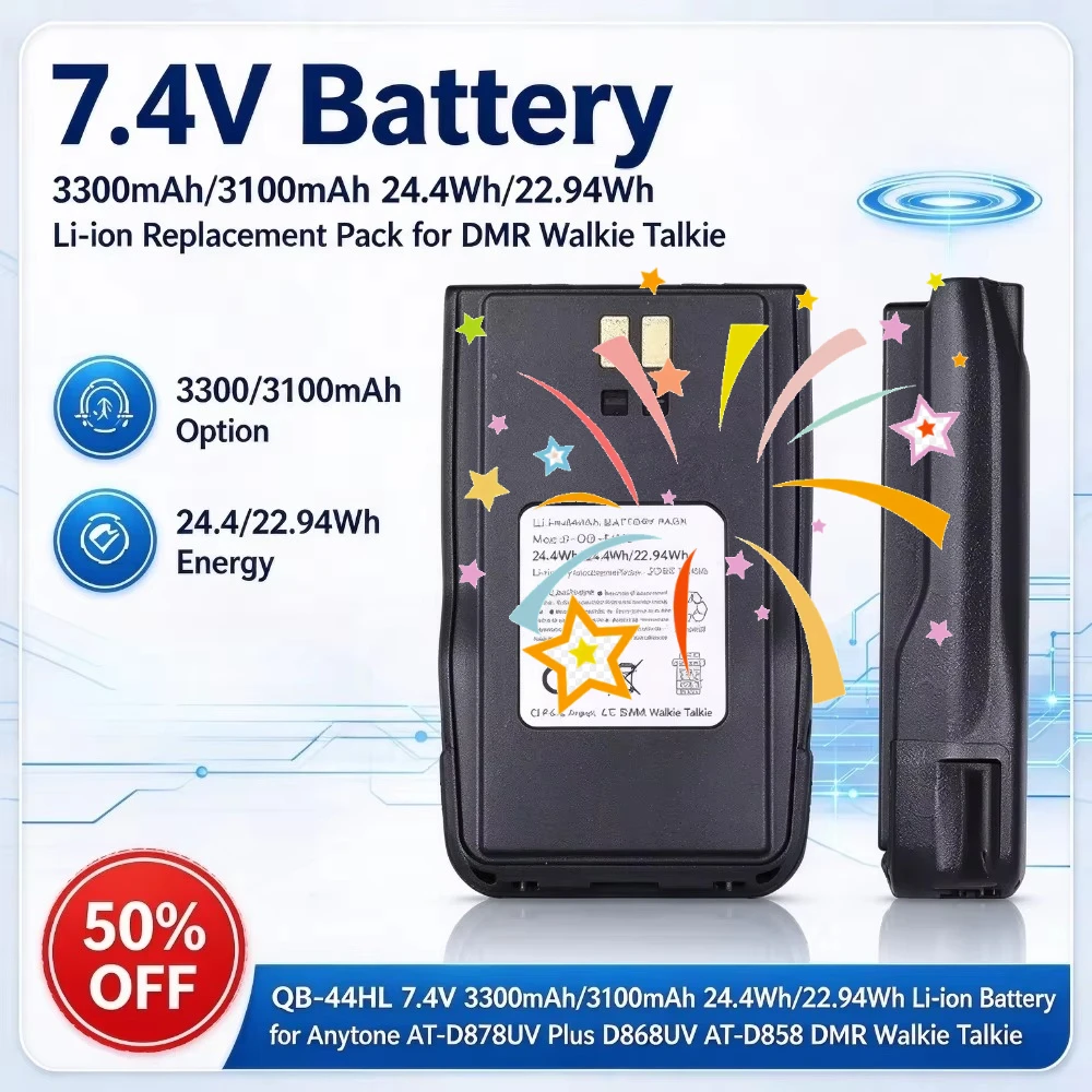 QB-44HL 7.4V 3300mAh/3100mAh 24.4/22.94Wh Li-ion Battery with Type-C for Anytone AT-D878UV Plus D868UV AT-D858 DMR Walkie Talkie