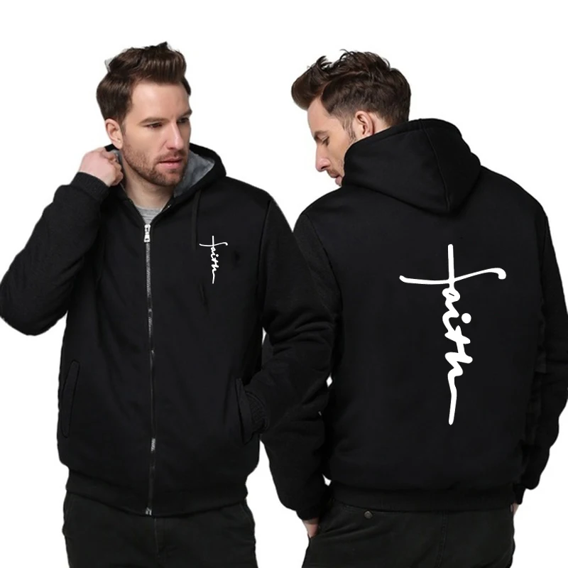 2023 new Winter Warm Faith Print Mens Zipper Hoodies Fleece Thicken Jacket Sweatshirt Coat S-5XL