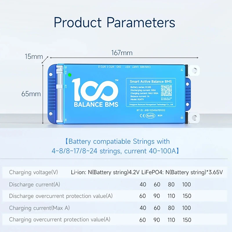 100Balance Active Balance Smart BMS BT 4S-8S Adaptive 40A 60A 80A 100A 12V 24V LiFePo4 Li-ion Lithium Battery Protection Board