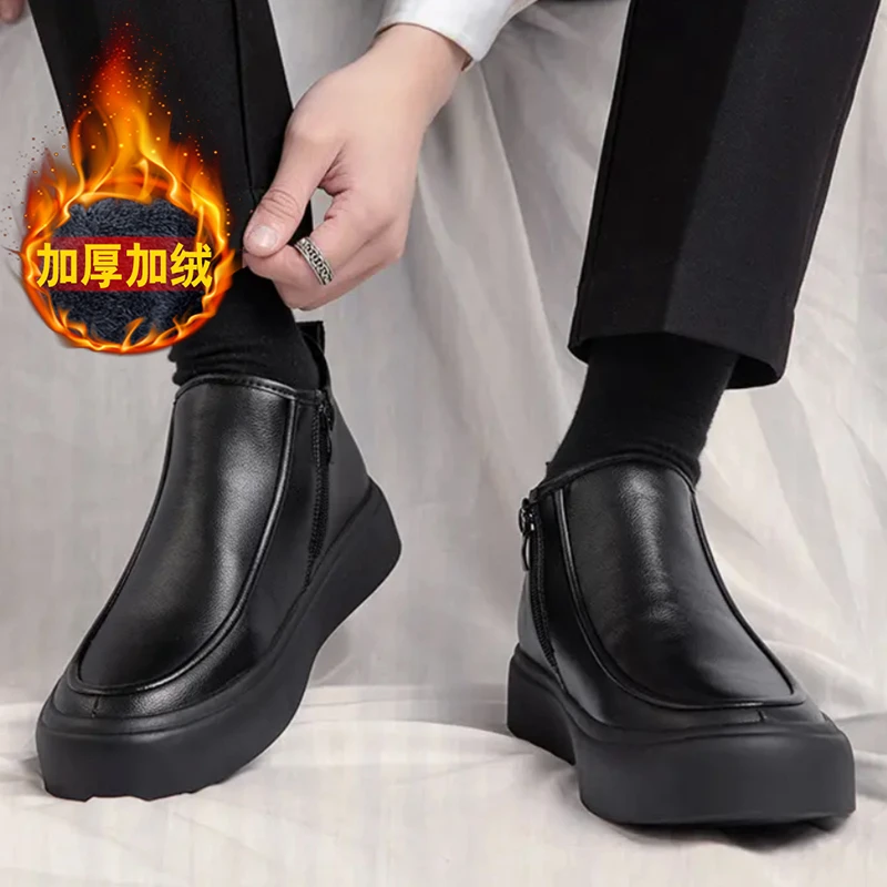 

Men High Top Boots PU Solid Color Thick Sole Comfortable Bare Boots Classic Business Men Boots